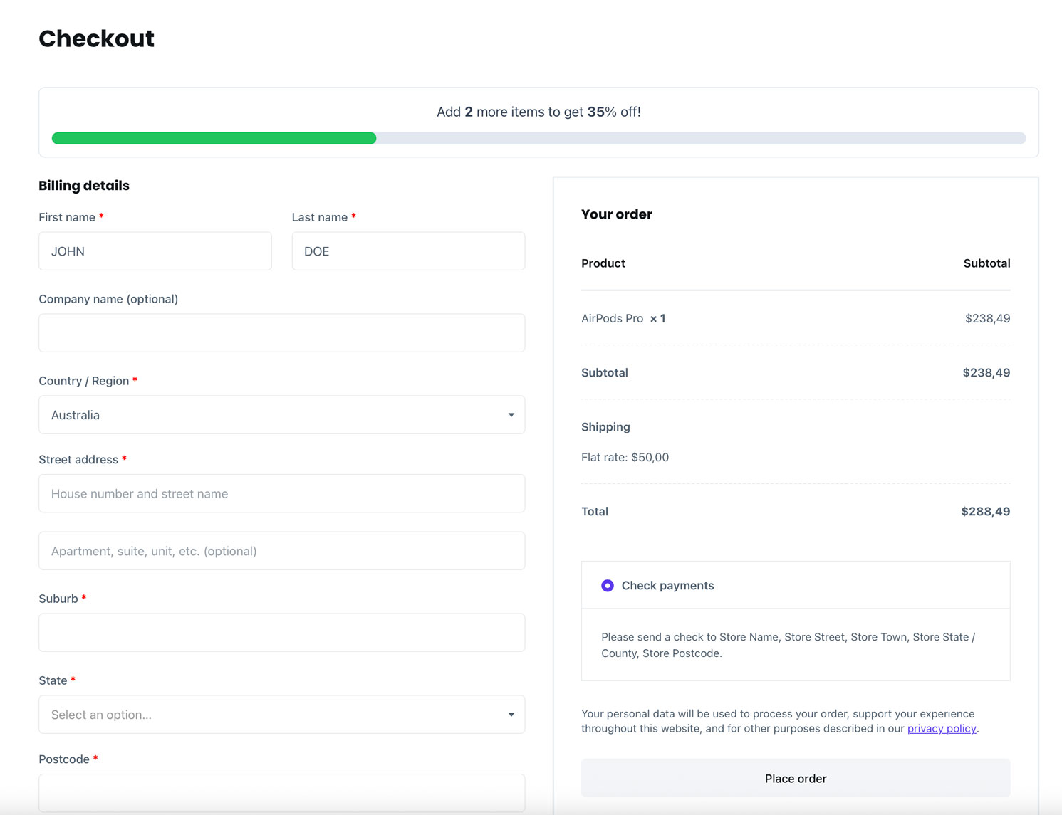 Progress bar on the checkout page
