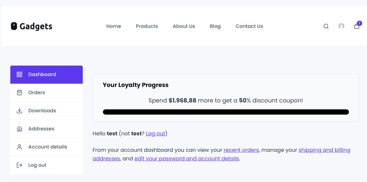 Loyalty progress on the My Account page