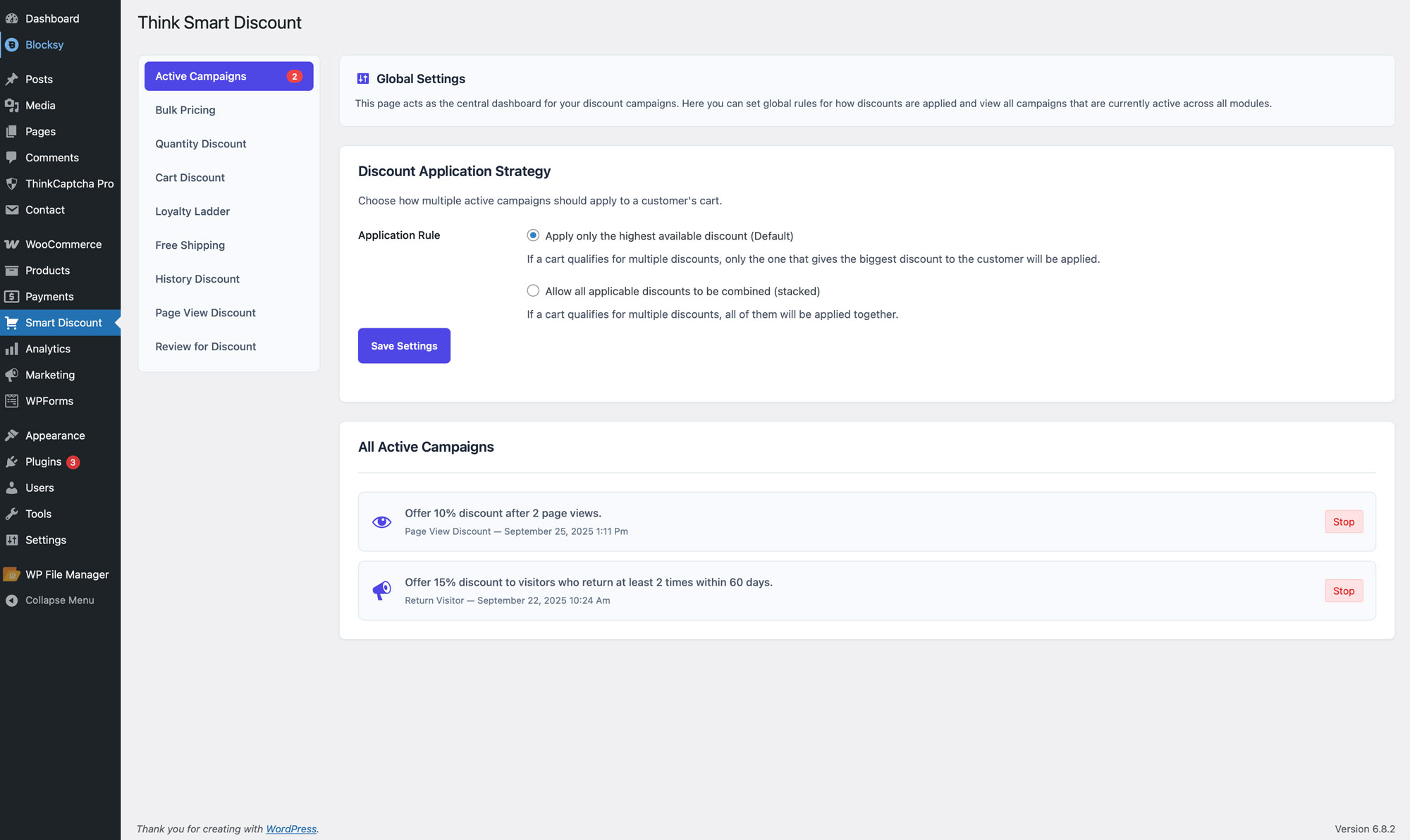 Screenshot of the main dashboard showing all active campaigns.