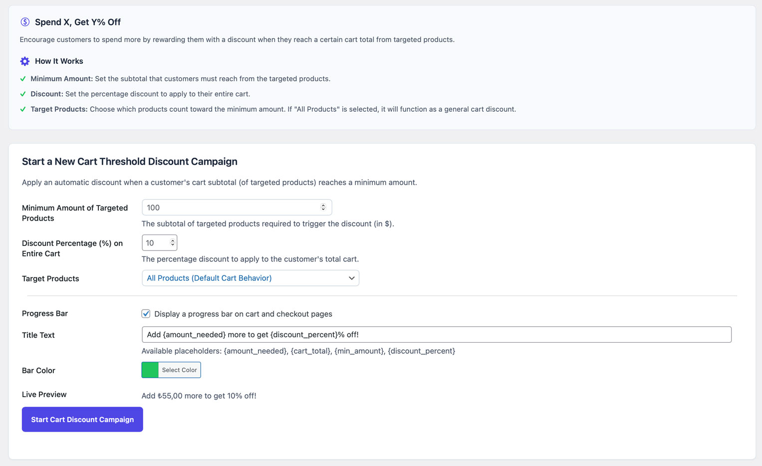 Screenshot showing the 'Spend X, Get Y% Off' setup.