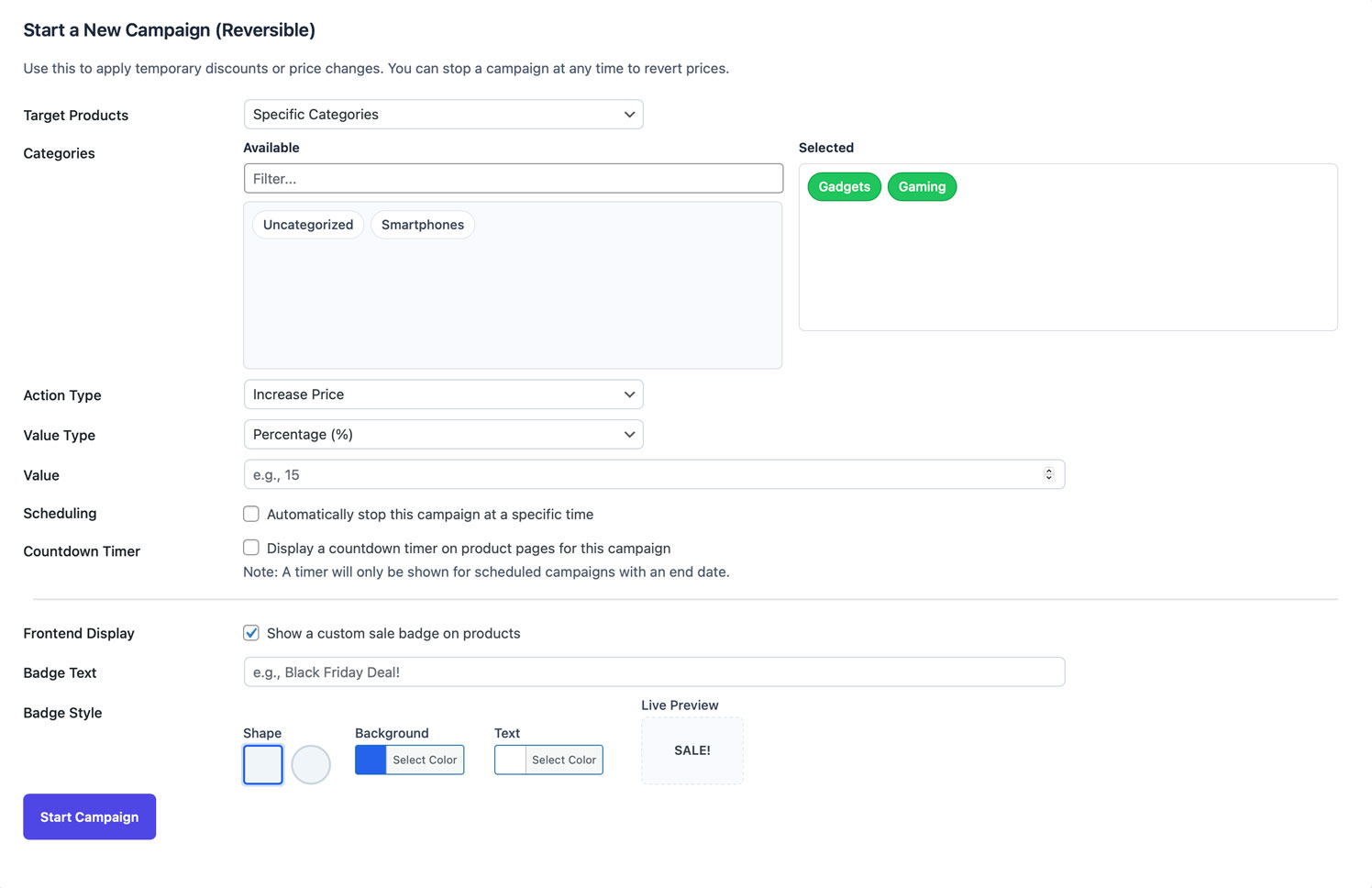 Screenshot of the bulk pricing module to set up a site-wide sale.