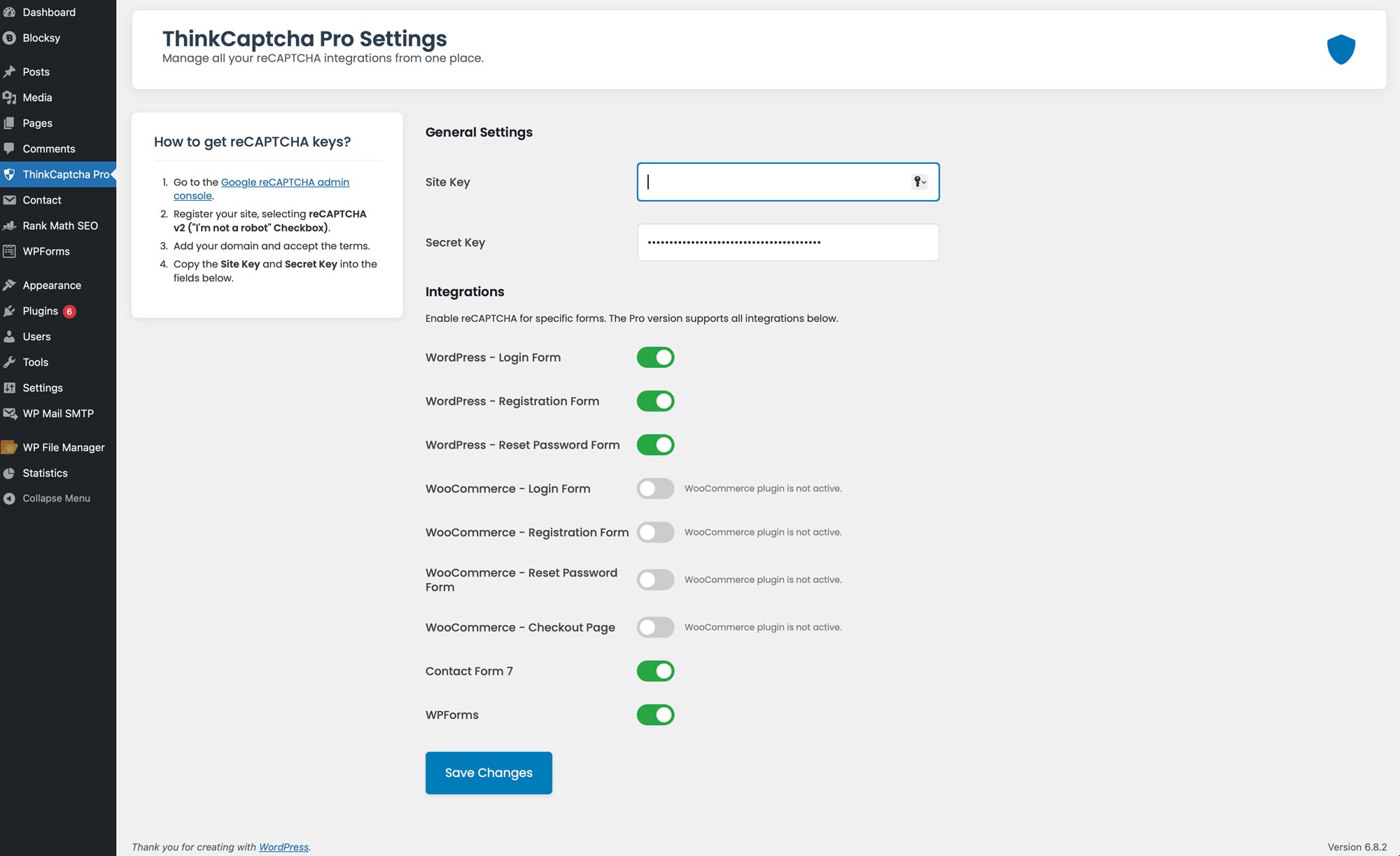 Screenshot of the ThinkCaptcha Pro settings panel showing easy-to-use toggle switches for all integrations.